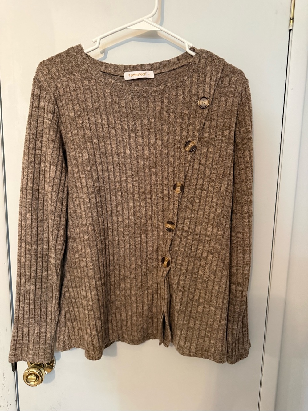 Fantastick Ribbed Crewneck Sweater with Asymmetrical Button Detail in Taupe